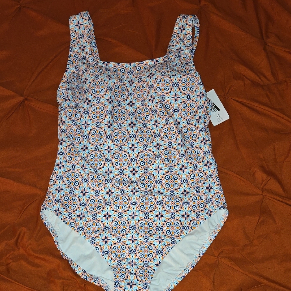 Lands' End Orange and Blue One-Piece Swimsuit
